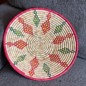 Handwoven Ethiopian Basket with Red Trim and Green Motifs 15”